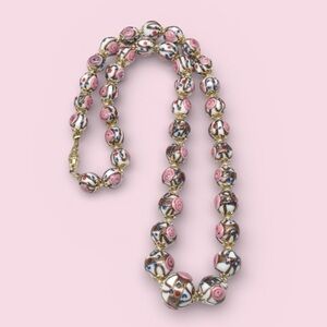 🌸 Vintage Venetian Murano Glass Wedding Cake Necklace ~Pink White Gold Beads 22”